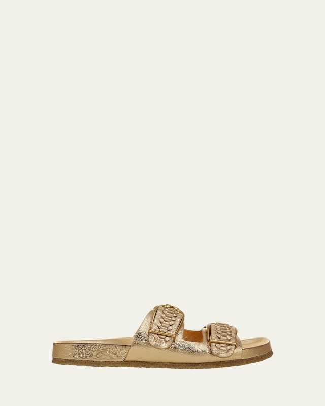 Paige Woven Metallic Dual-Buckle Slide Sandals